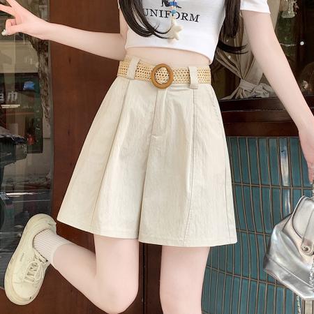 BY13877# 夏高腰显瘦休闲纯色工装裤a字阔腿裤五分裤热裤配腰带  服裝批發女裝批發服飾貨源