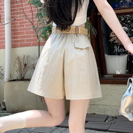 BY13877# 夏高腰显瘦休闲纯色工装裤a字阔腿裤五分裤热裤配腰带  服裝批發女裝批發服飾貨源