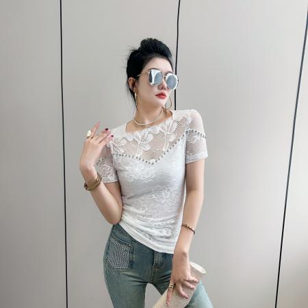 BY13878# 绝美一字肩花边钉钻短袖蕾丝打底衫女夏修身显瘦性感镂空网纱t恤  服裝批發女裝批發服飾貨源