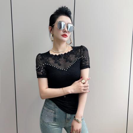 BY13878# 绝美一字肩花边钉钻短袖蕾丝打底衫女夏修身显瘦性感镂空网纱t恤  服裝批發女裝批發服飾貨源