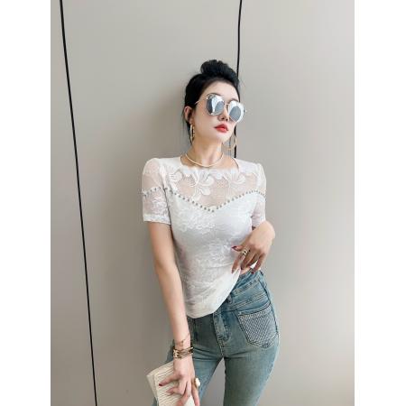 BY13878# 绝美一字肩花边钉钻短袖蕾丝打底衫女夏修身显瘦性感镂空网纱t恤  服裝批發女裝批發服飾貨源