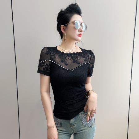 BY13878# 绝美一字肩花边钉钻短袖蕾丝打底衫女夏修身显瘦性感镂空网纱t恤  服裝批發女裝批發服飾貨源