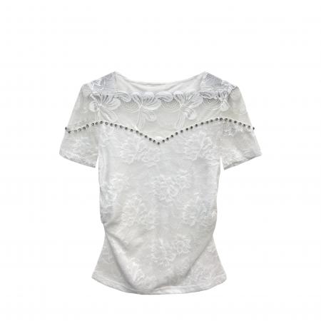 BY13878# 绝美一字肩花边钉钻短袖蕾丝打底衫女夏修身显瘦性感镂空网纱t恤  服裝批發女裝批發服飾貨源