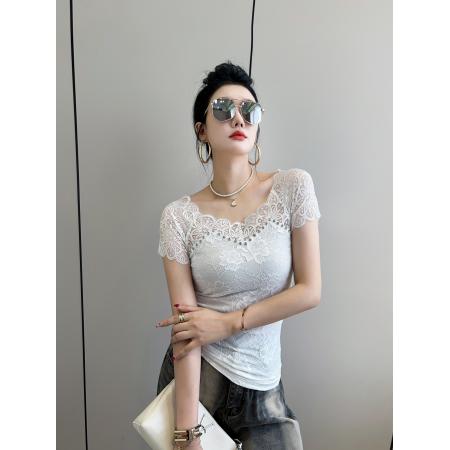 BY13879# 方领短袖蕾丝t恤女花边插肩设计感网纱内搭薄款订亮钻打底上衣  服裝批發女裝批發服飾貨源