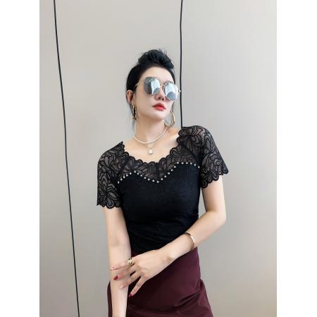 BY13879# 方领短袖蕾丝t恤女花边插肩设计感网纱内搭薄款订亮钻打底上衣  服裝批發女裝批發服飾貨源