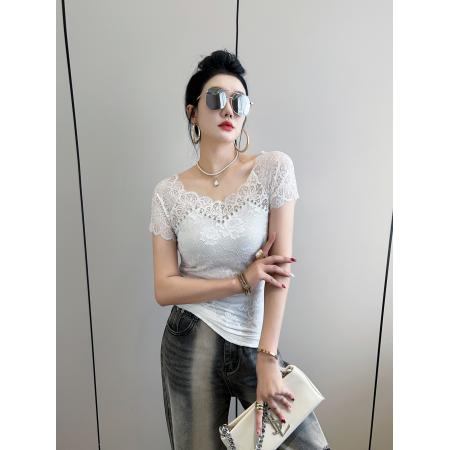 BY13879# 方领短袖蕾丝t恤女花边插肩设计感网纱内搭薄款订亮钻打底上衣  服裝批發女裝批發服飾貨源