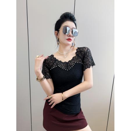 BY13879# 方领短袖蕾丝t恤女花边插肩设计感网纱内搭薄款订亮钻打底上衣  服裝批發女裝批發服飾貨源