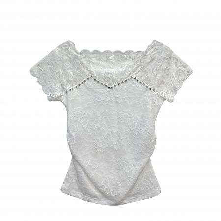 BY13879# 方领短袖蕾丝t恤女花边插肩设计感网纱内搭薄款订亮钻打底上衣  服裝批發女裝批發服飾貨源