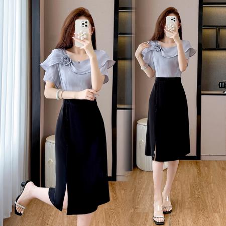 BY13880# 夏季新款大码连衣裙假两件雪纺拼接时尚女士裙子显瘦  服裝批發女裝批發服飾貨源