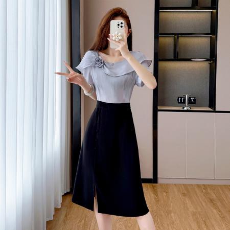 BY13880# 夏季新款大码连衣裙假两件雪纺拼接时尚女士裙子显瘦  服裝批發女裝批發服飾貨源