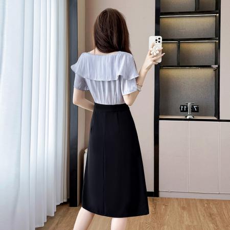 BY13880# 夏季新款大码连衣裙假两件雪纺拼接时尚女士裙子显瘦  服裝批發女裝批發服飾貨源