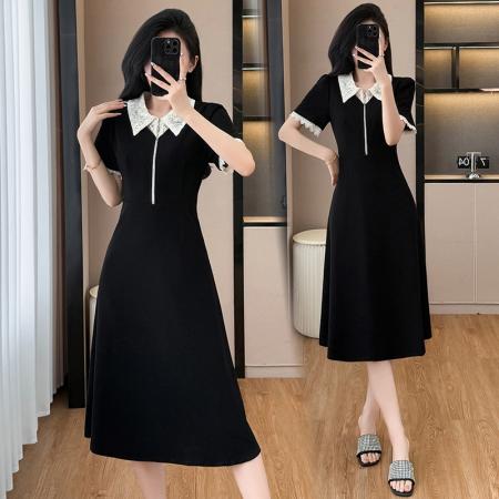 BY13882# 夏季梨形大码女装赫本风蕾丝拼接中长款气质连衣裙  服裝批發女裝批發服飾貨源