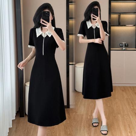 BY13882# 夏季梨形大码女装赫本风蕾丝拼接中长款气质连衣裙  服裝批發女裝批發服飾貨源