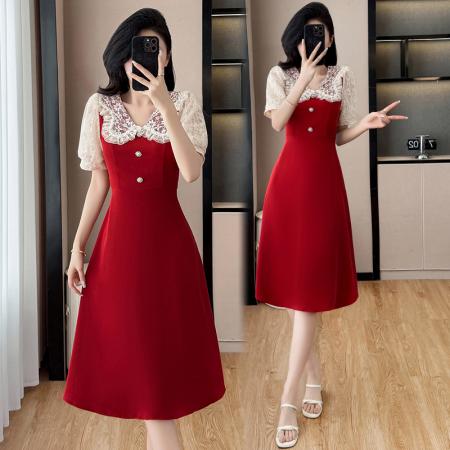 BY13883# 夏季新款蕾丝拼接显瘦红色连衣裙微胖大码女装减龄裙子  服裝批發女裝批發服飾貨源