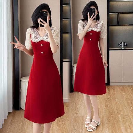 BY13883# 夏季新款蕾丝拼接显瘦红色连衣裙微胖大码女装减龄裙子  服裝批發女裝批發服飾貨源