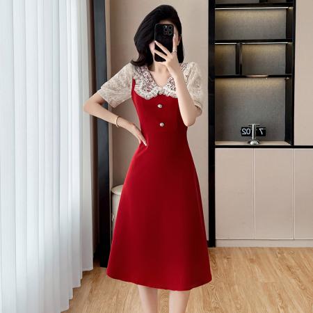 BY13883# 夏季新款蕾丝拼接显瘦红色连衣裙微胖大码女装减龄裙子  服裝批發女裝批發服飾貨源