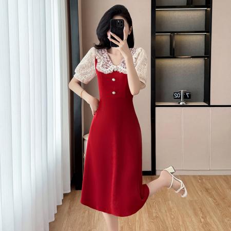 BY13883# 夏季新款蕾丝拼接显瘦红色连衣裙微胖大码女装减龄裙子  服裝批發女裝批發服飾貨源