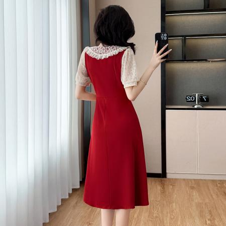 BY13883# 夏季新款蕾丝拼接显瘦红色连衣裙微胖大码女装减龄裙子  服裝批發女裝批發服飾貨源