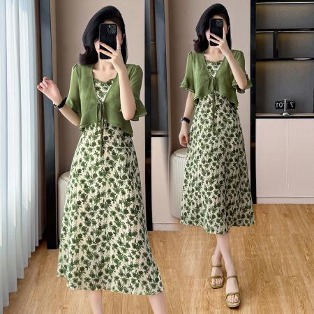 BY13884# 夏季新款雪纺假两件雪纺印花拼接显瘦长款大码连衣裙  服裝批發女裝批發服飾貨源