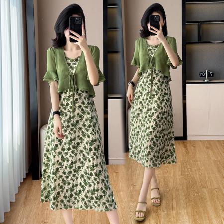 BY13884# 夏季新款雪纺假两件雪纺印花拼接显瘦长款大码连衣裙  服裝批發女裝批發服飾貨源