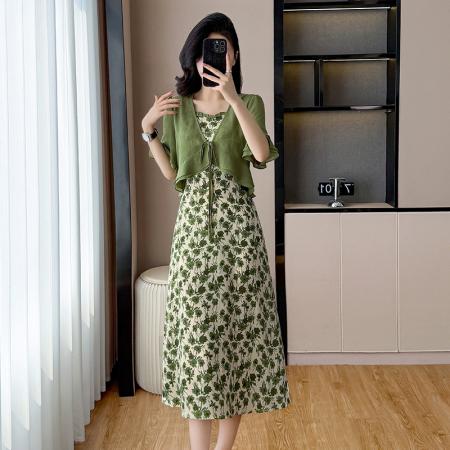 BY13884# 夏季新款雪纺假两件雪纺印花拼接显瘦长款大码连衣裙  服裝批發女裝批發服飾貨源