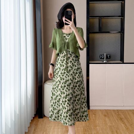 BY13884# 夏季新款雪纺假两件雪纺印花拼接显瘦长款大码连衣裙  服裝批發女裝批發服飾貨源