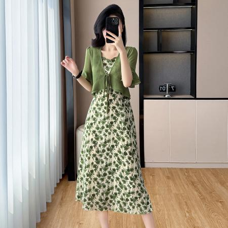 BY13884# 夏季新款雪纺假两件雪纺印花拼接显瘦长款大码连衣裙  服裝批發女裝批發服飾貨源