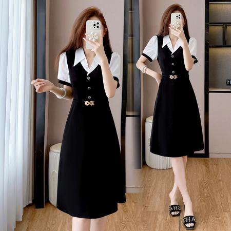 BY13885# 夏季新款胖mm大码时尚精纺雪纺拼接百搭修身显瘦中长款连衣裙  服裝批發女裝批發服飾貨源