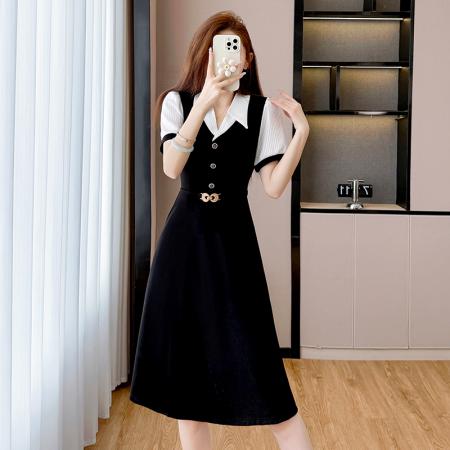 BY13885# 夏季新款胖mm大码时尚精纺雪纺拼接百搭修身显瘦中长款连衣裙  服裝批發女裝批發服飾貨源