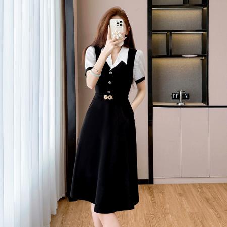 BY13885# 夏季新款胖mm大码时尚精纺雪纺拼接百搭修身显瘦中长款连衣裙  服裝批發女裝批發服飾貨源