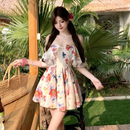 BY13887# 撞色花卉长短款碎花吊带连衣裙绝美碎花一字肩三亚海边度假沙滩裙  服裝批發女裝批發服飾貨源