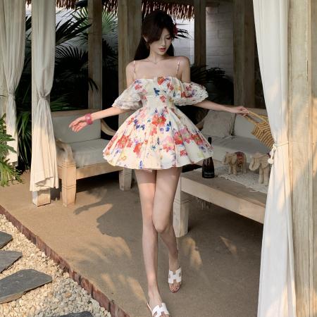 BY13887# 撞色花卉长短款碎花吊带连衣裙绝美碎花一字肩三亚海边度假沙滩裙  服裝批發女裝批發服飾貨源