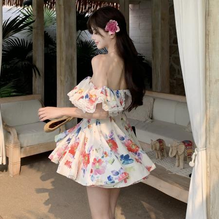 BY13887# 撞色花卉长短款碎花吊带连衣裙绝美碎花一字肩三亚海边度假沙滩裙  服裝批發女裝批發服飾貨源