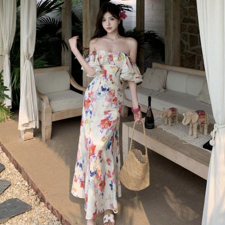 BY13887# 撞色花卉长短款碎花吊带连衣裙绝美碎花一字肩三亚海边度假沙滩裙  服裝批發女裝批發服飾貨源