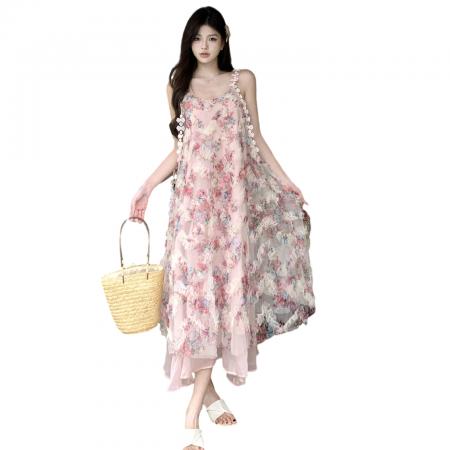 BY13888# 粉色绝美浪漫风木耳边碎花连衣裙夏季新款超仙少女感吊带裙沙滩裙  服裝批發女裝批發服飾貨源