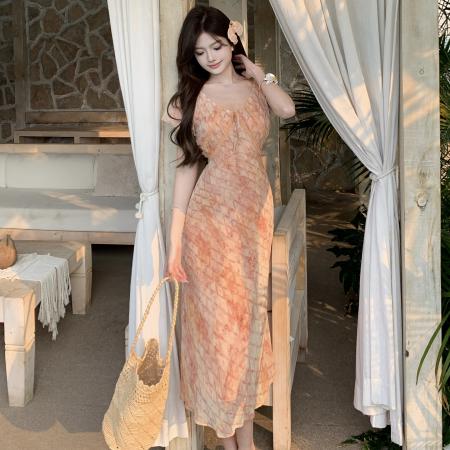 BY13889# 法式温柔风设计感雪纺碎花连衣裙女夏季V领垂坠收腰显瘦裙子长裙  服裝批發女裝批發服飾貨源