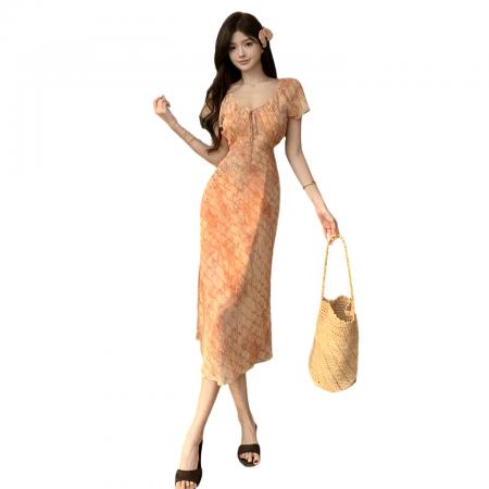 BY13889# 法式温柔风设计感雪纺碎花连衣裙女夏季V领垂坠收腰显瘦裙子长裙  服裝批發女裝批發服飾貨源