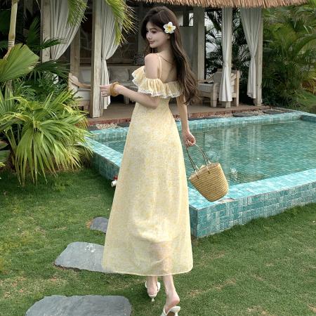 BY13890# 法式绝美碎花一字肩吊带连衣裙三亚海边度假沙滩海岛旅游拍照穿搭  服裝批發女裝批發服飾貨源