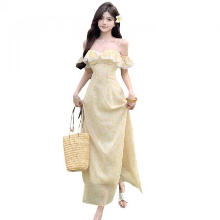 BY13890# 法式绝美碎花一字肩吊带连衣裙三亚海边度假沙滩海岛旅游拍照穿搭  服裝批發女裝批發服飾貨源