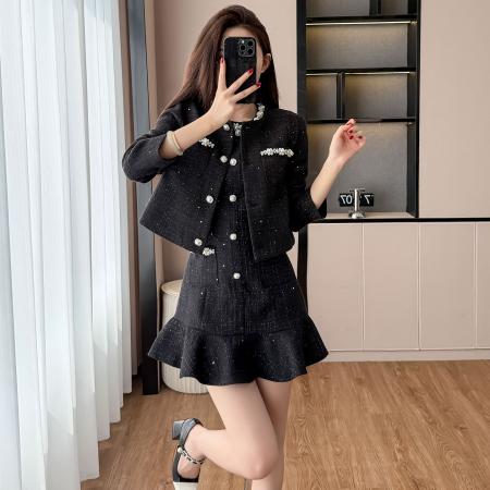 BY13891# 春季小香风高端钉珠套装女法式气质修身礼服裙背心鱼尾裙  服裝批發女裝批發服飾貨源