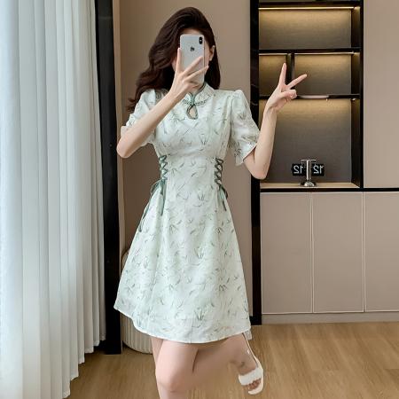 BY13892# 夏季新款新中式旗袍改良年轻款少女国风气质高端碎花连衣裙  服裝批發女裝批發服飾貨源