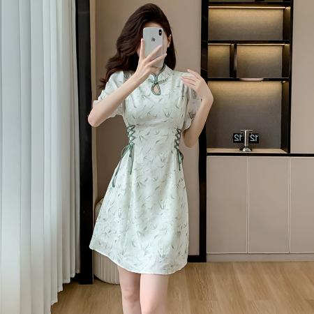 BY13892# 夏季新款新中式旗袍改良年轻款少女国风气质高端碎花连衣裙  服裝批發女裝批發服飾貨源