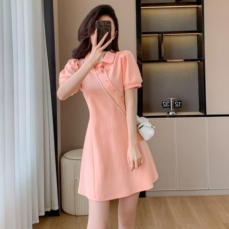 BY13896# 夏季新中式国风改良版小香风连衣裙拼接设计感减龄裙子  服裝批發女裝批發服飾貨源