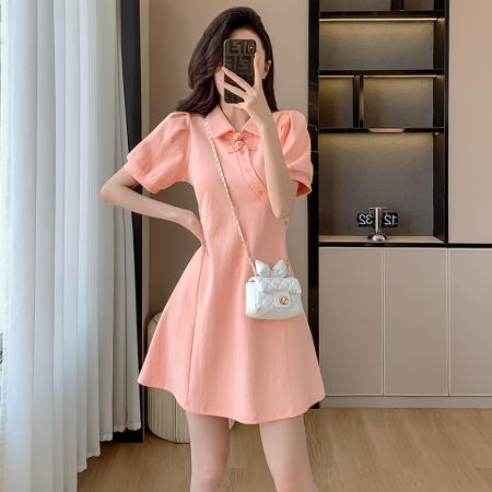 BY13896# 夏季新中式国风改良版小香风连衣裙拼接设计感减龄裙子  服裝批發女裝批發服飾貨源