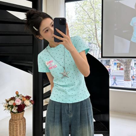 BY13899# 纯棉美式波点字母印花正肩短袖t恤女夏新款修身显瘦短款上衣  服裝批發女裝批發服飾貨源