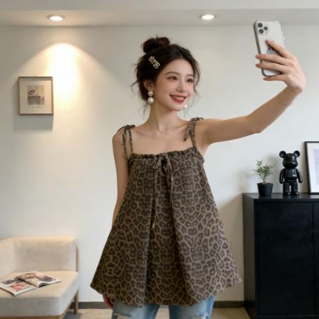 BY13900# 豹纹吊带背心夏季辣妹设计感小众宽松辣妹外穿上衣  服裝批發女裝批發服飾貨源