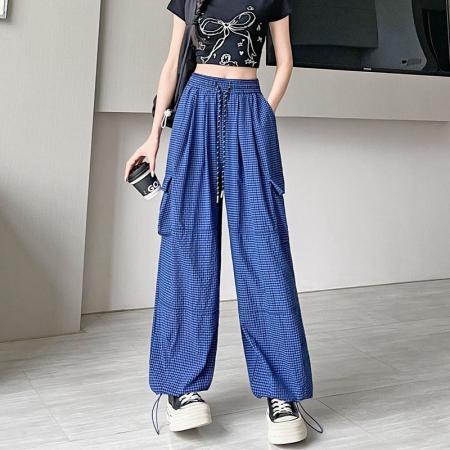 BY13901# 格子工装裤速干裤春夏束脚裤韩版高腰阔腿裤两穿休闲裤女  服裝批發女裝批發服飾貨源