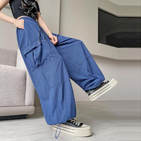 BY13901# 格子工装裤速干裤春夏束脚裤韩版高腰阔腿裤两穿休闲裤女  服裝批發女裝批發服飾貨源