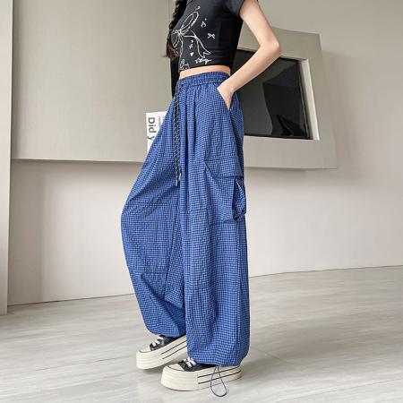 BY13901# 格子工装裤速干裤春夏束脚裤韩版高腰阔腿裤两穿休闲裤女  服裝批發女裝批發服飾貨源