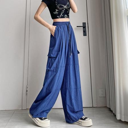 BY13901# 格子工装裤速干裤春夏束脚裤韩版高腰阔腿裤两穿休闲裤女  服裝批發女裝批發服飾貨源